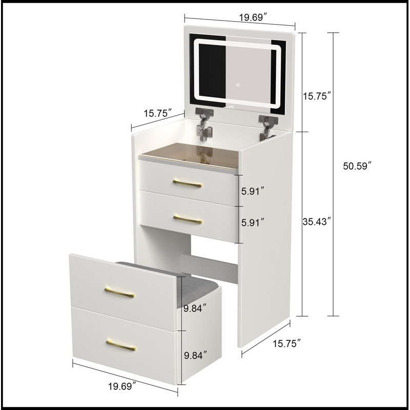 Bureau de coiffeuse avec miroir ouvert et 3 tiroirs, Blanc