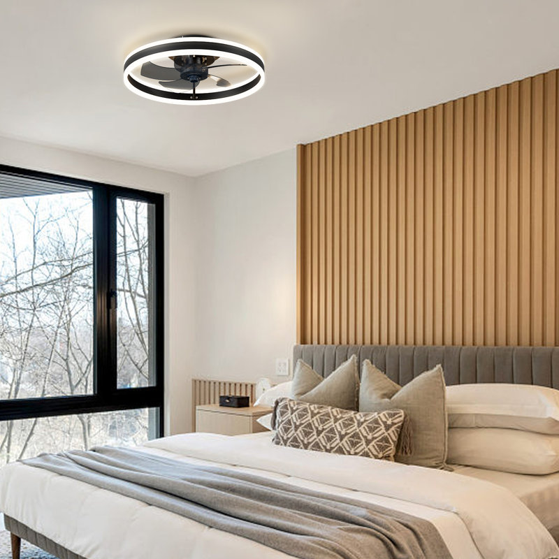 15.75" Low Profile Modern Style LED Ceiling Fan Light, APP+Remote Control, 6-Speed Fan, All Seasons, 1 Pack, 15.7", Black