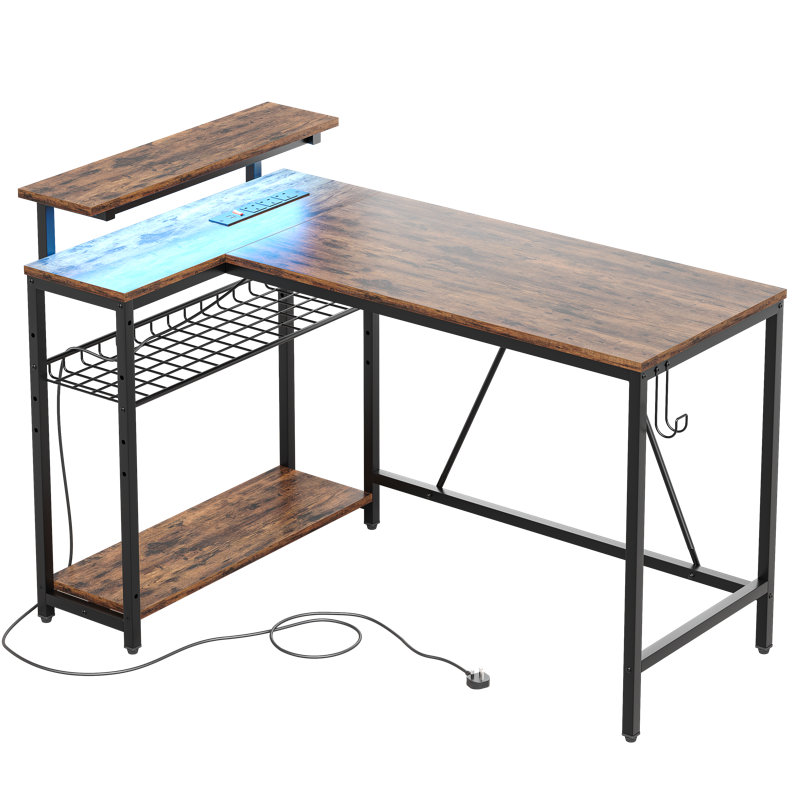 48" L Shaped Computer Desk with Power Outlet, LED Gaming or Work Desk with Monitor Stand, Rustic Brown