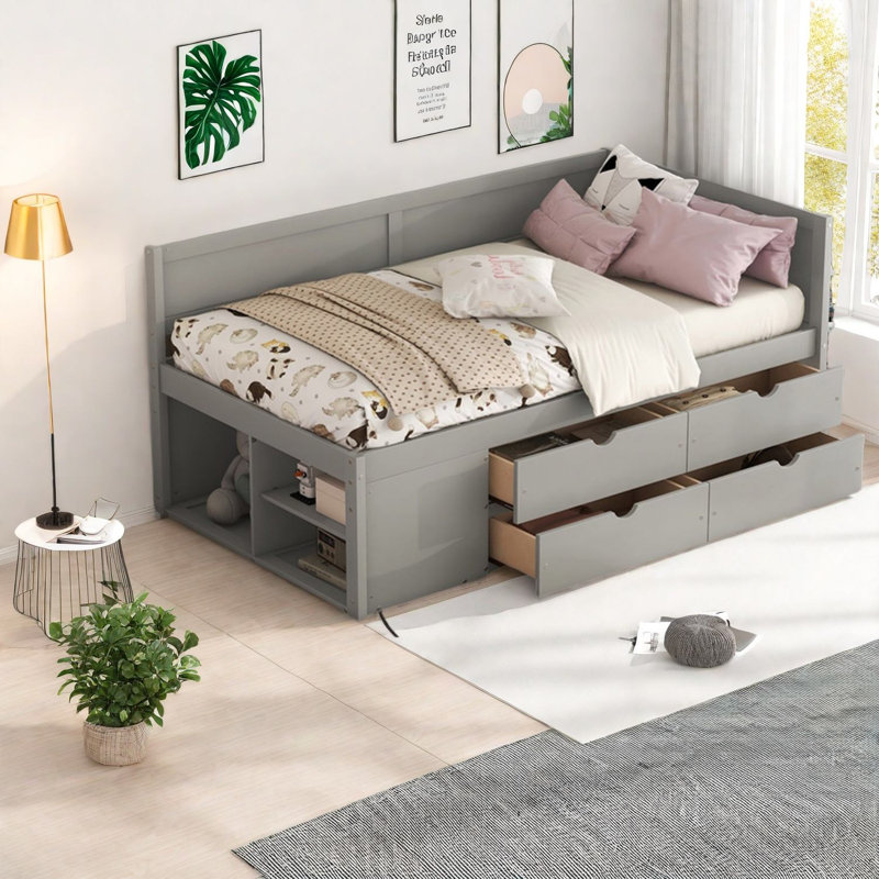 Lit de jour simple avec rangement compact, bois massif, gris moderne