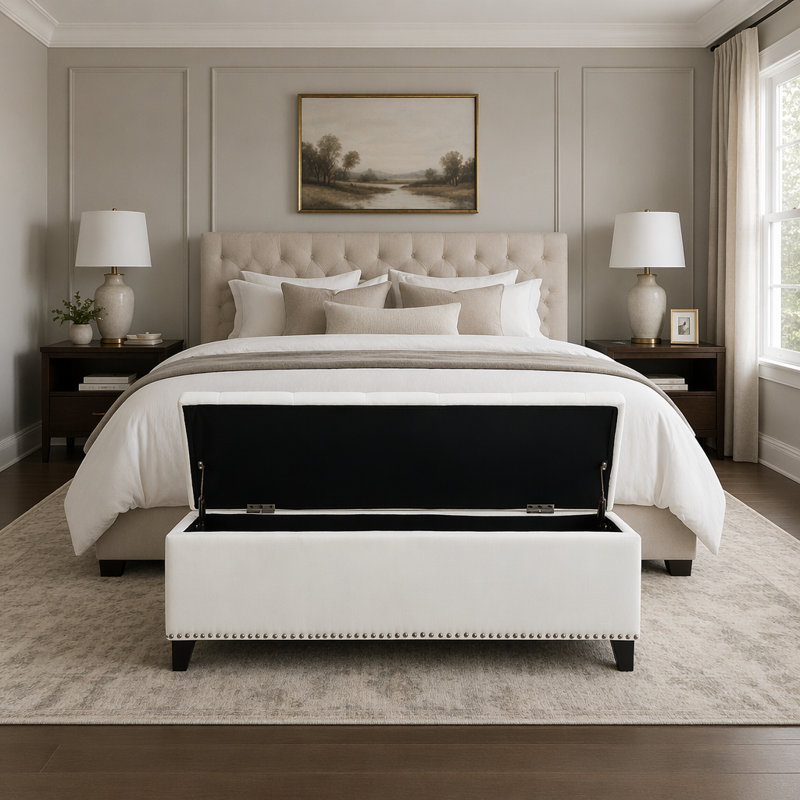 Upholstered Plywood Storage Bench, Beige, Beige