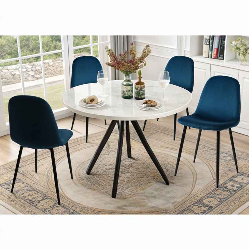 Ensemble de 2 chaises de salle à manger modernes en velours, chaises d'appoint rembourrées avec pieds en métal noir, chaises d'appoint confortables pour le salon, la chambre à coucher, le restaurant et la salle à manger, bleu foncé