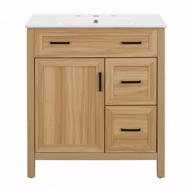 Meuble-lavabo en bois 30 po avec cadre en bois massif, 1 porte à fermeture douce, 2 tiroirs à fermeture douce, tablette réglable