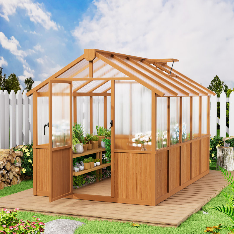 6 ft. x 10 ft. Wood Walk-In Greenhouse with Polycarbonate Panels and Roof Vent,  82.8" H x 76.7" W x 127.9" D, Brown Wood