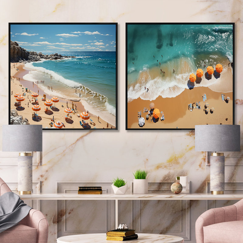 Beach Sunkissed Sands II - ensemble de 2 collages nautiques et carrés de plage, Cadre flottant noir, H 16 po x l 33 po