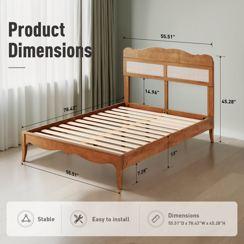 Retro Rattan-wood Blend Solid Rubber Wood Curved Bed Frame With Tool-free Hook And Loop Fastener Assembly & One-piece Silent Support Structure