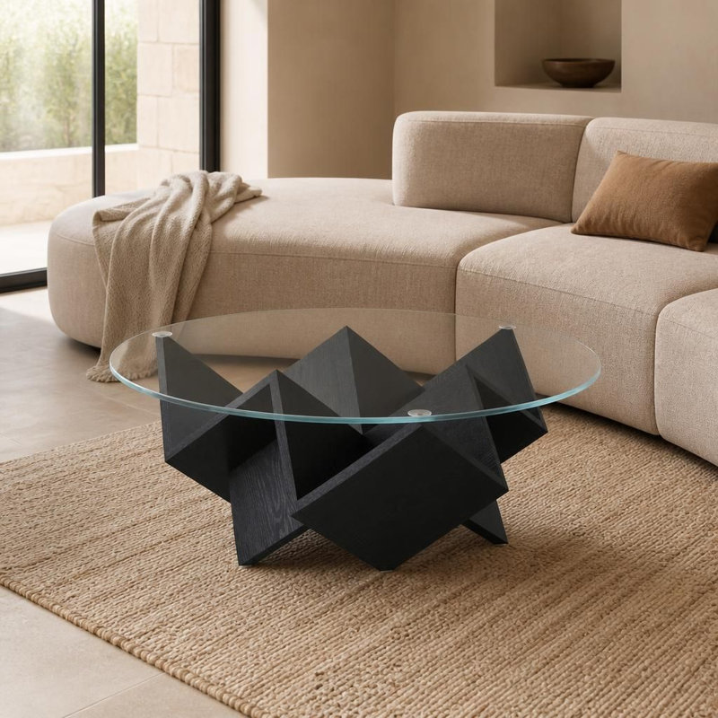 Table basse ronde avec plateau en verre trempé, base géométrique d'inspiration Art déco, tablettes de rangement intégrées