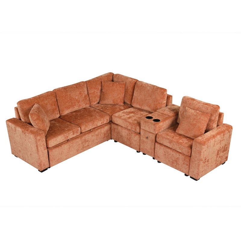Canapé d'angle orange de 306 cm (120,5 po) avec canapé-lit réversible, lit gigogne, tiroir de rangement, compartiment caché, porte-gobelets et coussins ajustables pour un confort optimal dans votre salon.