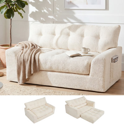 Canapé 2 places de 141 cm (55,5 po), canapé nuage surdimensionné avec coussins amovibles, canapé de sol en chenille avec poche de rangement latérale, canapé compressible sans assemblage, blanc crème