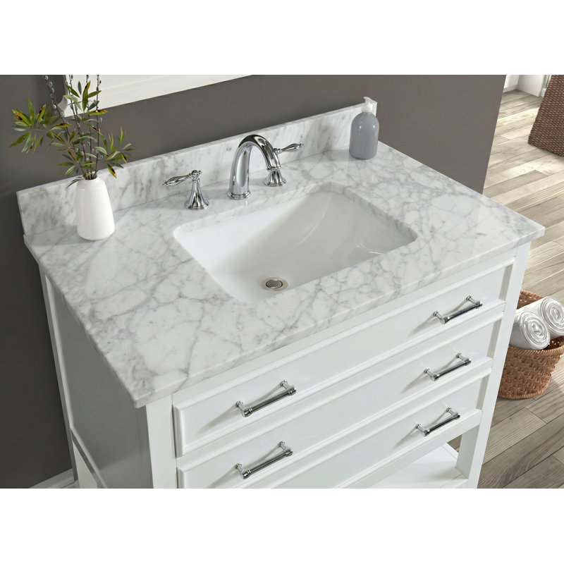 Ensemble de meuble-lavabo simple 36 po avec plateau en marbre de qualité supérieure Pamula, blanc colombe, Blanc doux