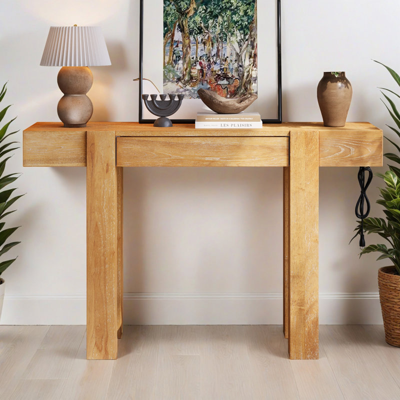 Console 47,27 po avec tiroir caché, prise de courant latérale, table d'entrée en bois pour les entrées et les salons, Naturel