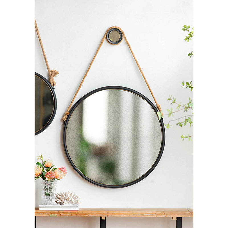 Miroir rond 29,5 po avec cadre en métal noir et corde solide pour chambre à coucher, 29,5 po x 29,5 po