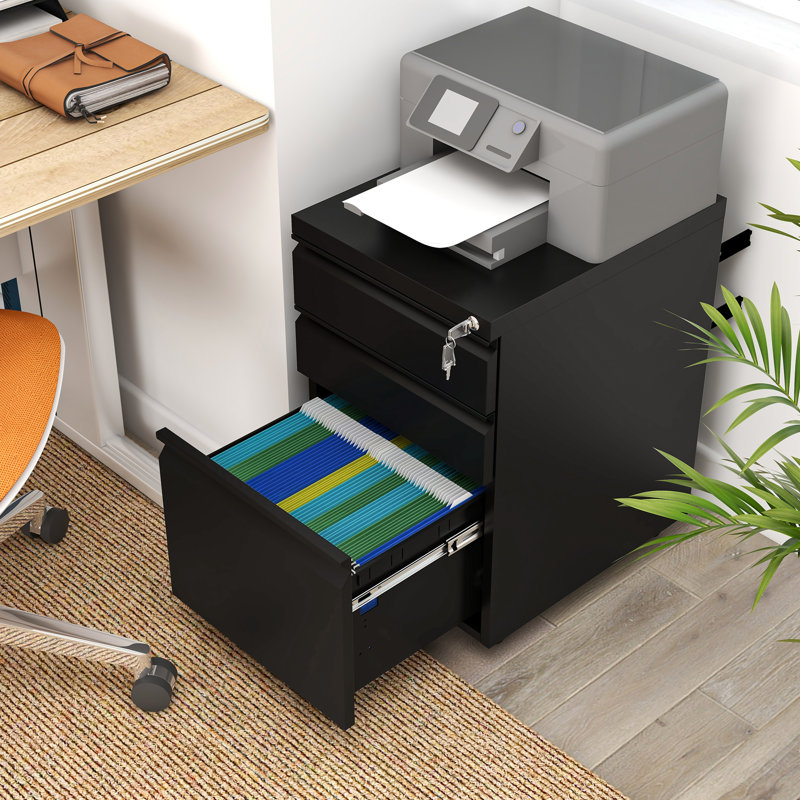 Carreiro 3 Drawer Office storage unit,Steel Filing Cabinet, Black