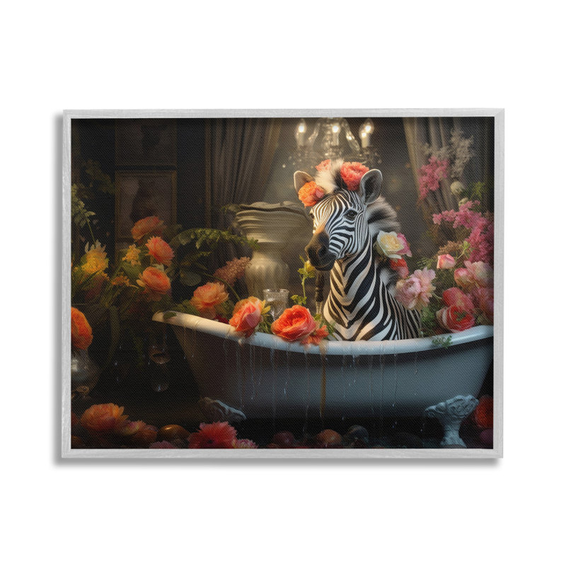 «Zebra Bathing with Florals», art de la giclée encadrée par Lazar Studio, Estampe numérique Farmhouse, H 24 po x l 30 po