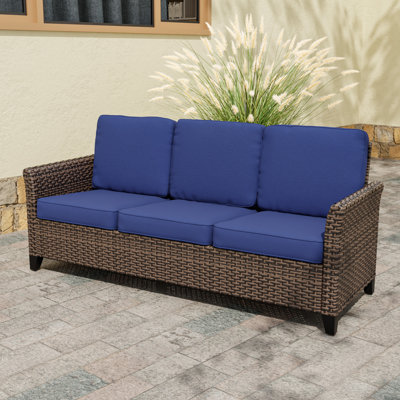 Mix Brown Rattan Wicker Patio Outdoor Spacious 3-Seat Sofa with Curved Armrest by Winston Porter