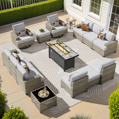 12-person  Outdoor Sectional With Cushions,swivel Rockers,led Coffee Table And Fire Pit,all-weather Wicker Patio Set