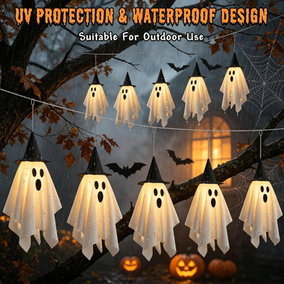 Halloween Ghost String Lights, LED Hanging Ghost Decorations with Witch Hats, 8 Lighting Modes and Timer, Battery Operated Hanging Ghost Indoor Outdoor Halloween Party Decor