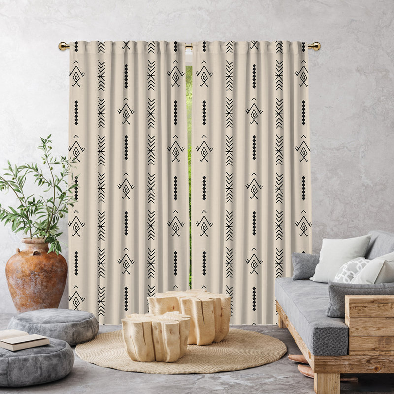 Ethnic Decor Pattern Lined Single Panel Curtain, 52" W x 95" L, Ecru