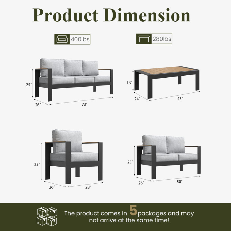 Outdoor Aluminum Furniture Set with Coffee Table, Modern Patio Conversation Sets for Porch, Backyard, Light Grey