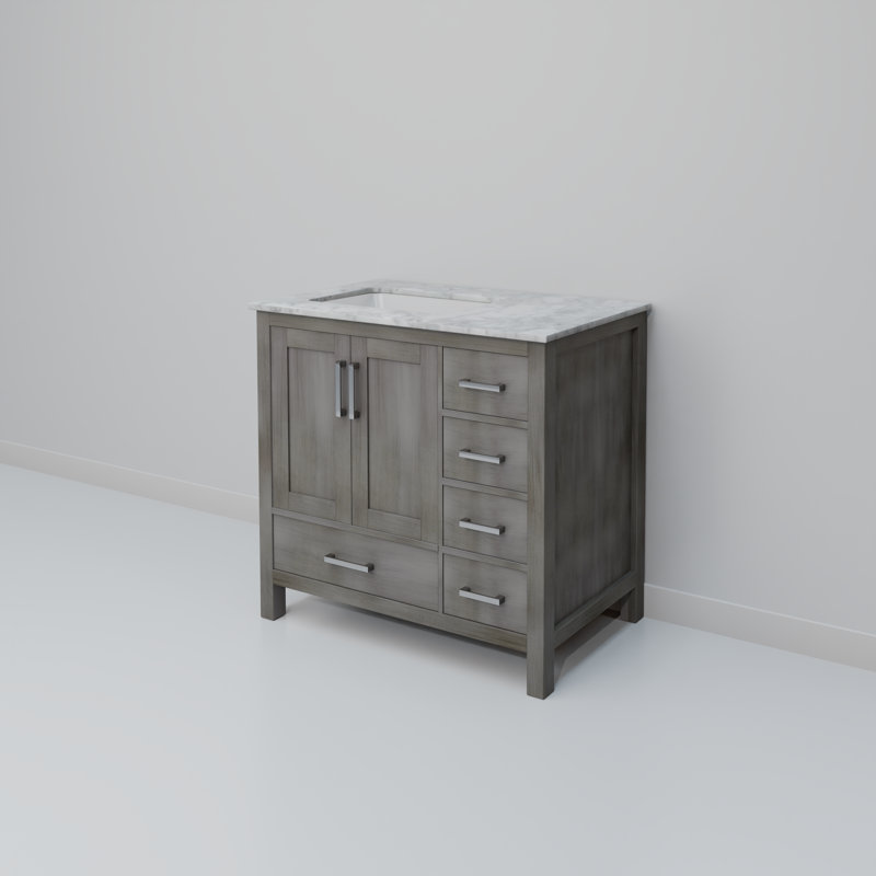 Meuble-lavabo décalé gauche L 36 po x P 22 po Jacques, Gris patiné, Marbre de Carrare blanc