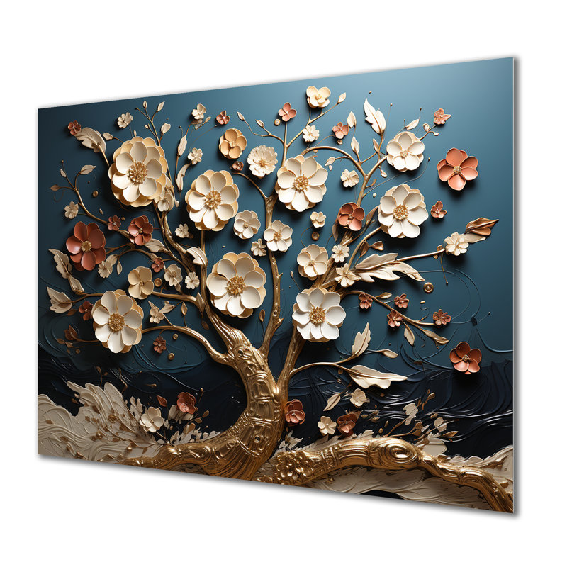 Orchidée blanche et bleue avec arbre II - arbre, art mural en métal, H 12 po x l 20 po x P 1 po