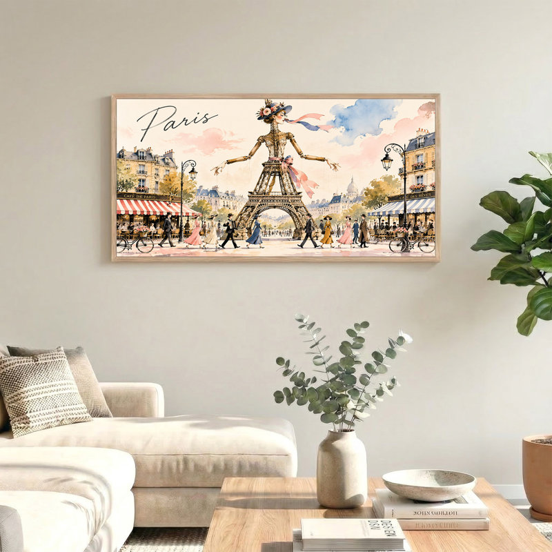 " Fantasy Eiffel Tower Lady in Paris Street " Painting, 58“W x 28”H