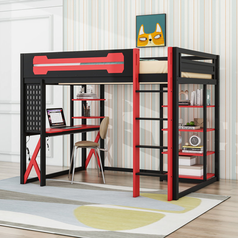 Full Wood Loft Bed with Desk, RGB LED Lights and Shelves, Black/Red