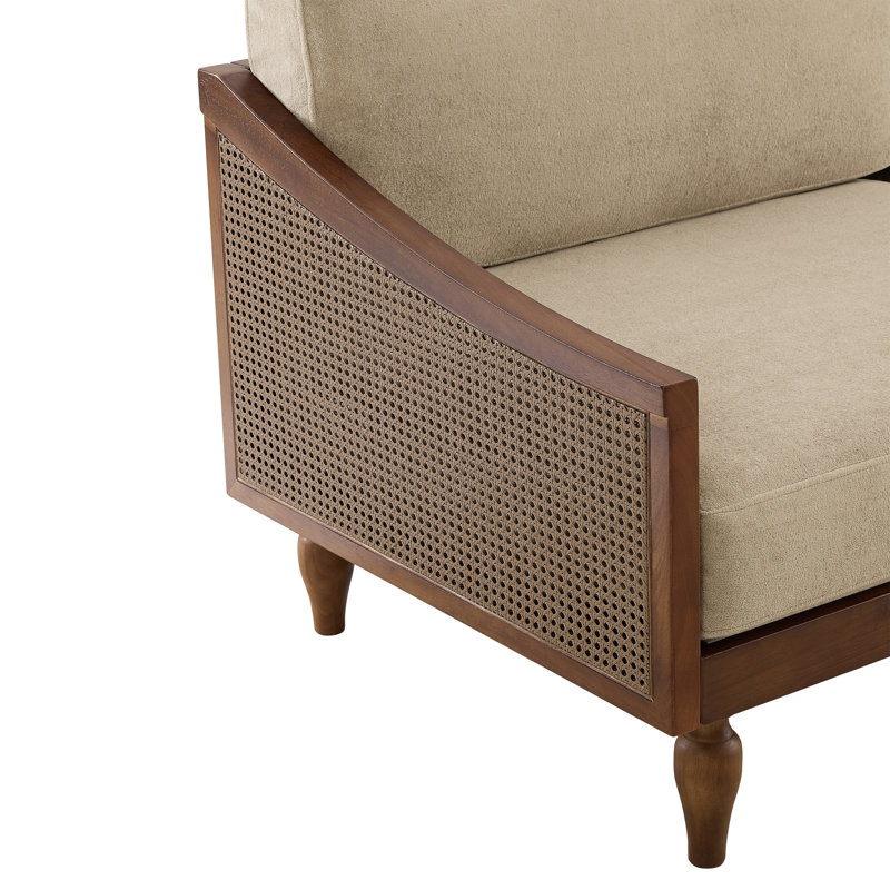 Elara Mid-Century Modern Rubberwood Loveseat Sofa with PE Rattan Armrests, Light Brown