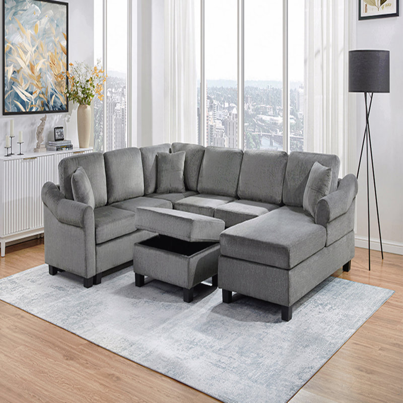 Canapé modulaire Canapé modulaire rembourré en chenille de 111,8 po avec repose-pieds de rangement mobile pour salon, gris foncé