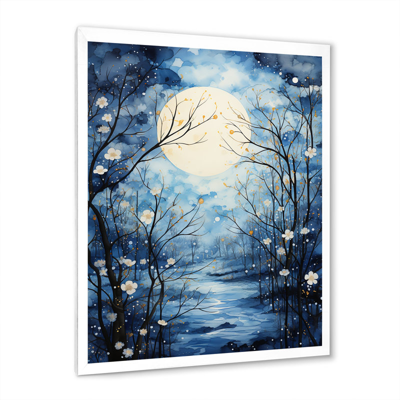 Bleu, bleu, arbre, clair de lune, silhouette I - paysage, arbres, art mural, salon, H 44 po x l 34 po x P 1,5 po