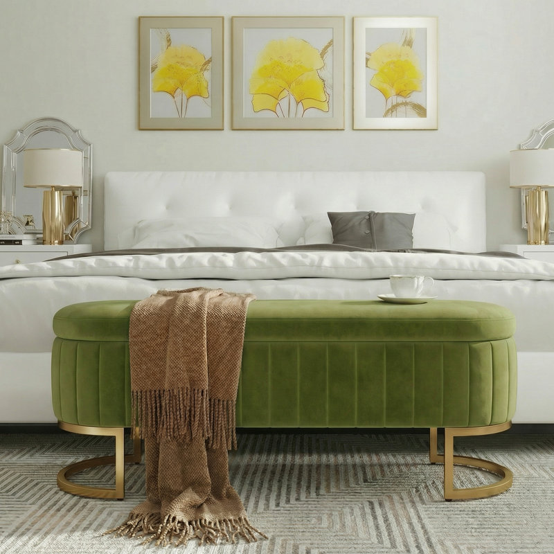 Banc de rangement 51 po avec pieds dorés, banc de fin de lit en velours pour le salon, fenêtre, entrée