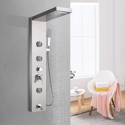 Système de tour de douche à panneau mural multifonctionnel en nickel brossé avec douche à jets d'eau et jets de massage et douche à main