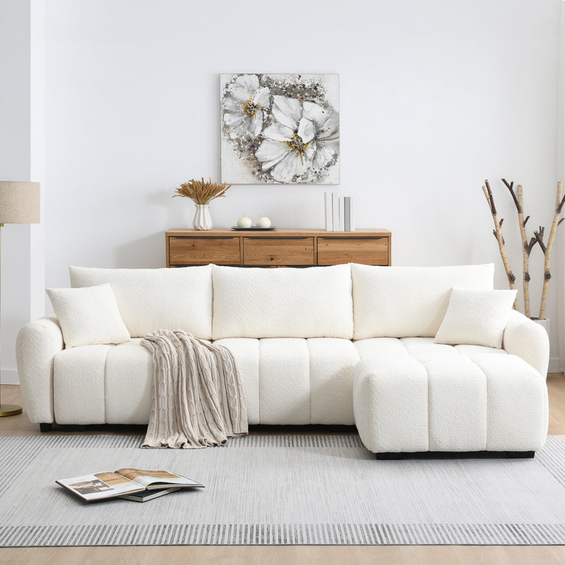 Harper L-Shaped Boucle Sectional Sofa with Movable Ottoman & Pillows, Cream