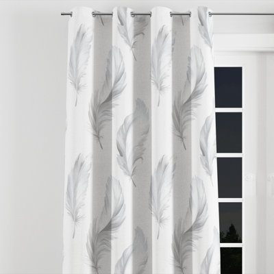 French Country Curtains for bedroom - Striped Grey And White Feather Stripes Velvet Grommet Curtain - 1 Panel