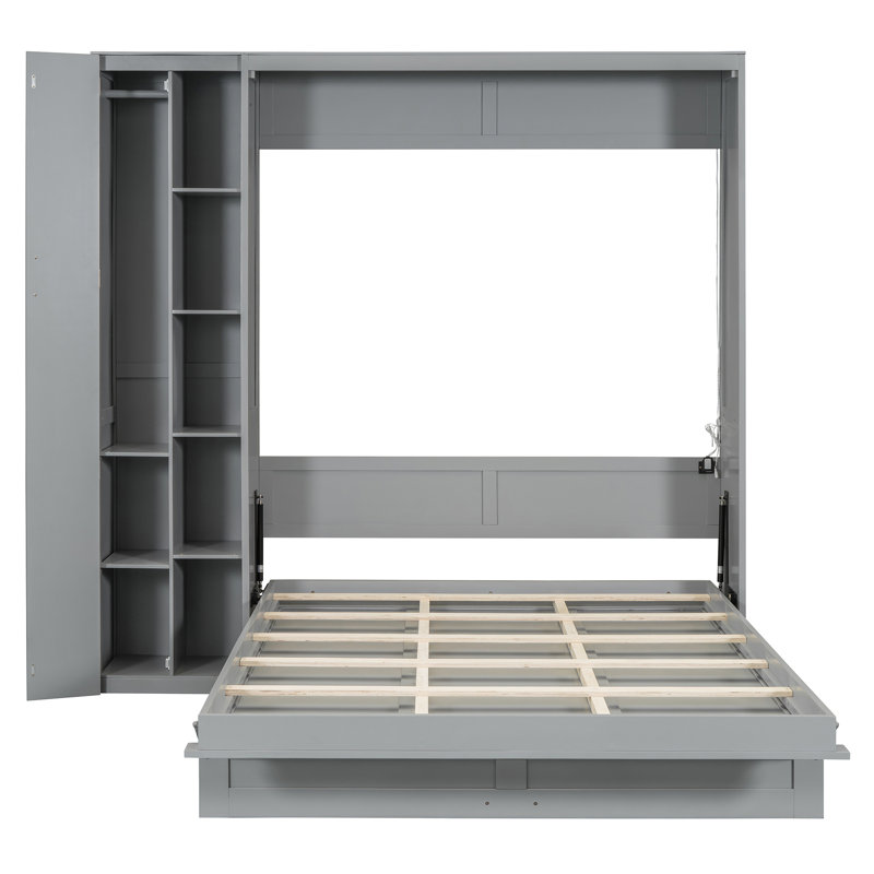 Grand lit gris avec tablettes fonctionnelles et porte-matelas confort, Grand lit, Gris