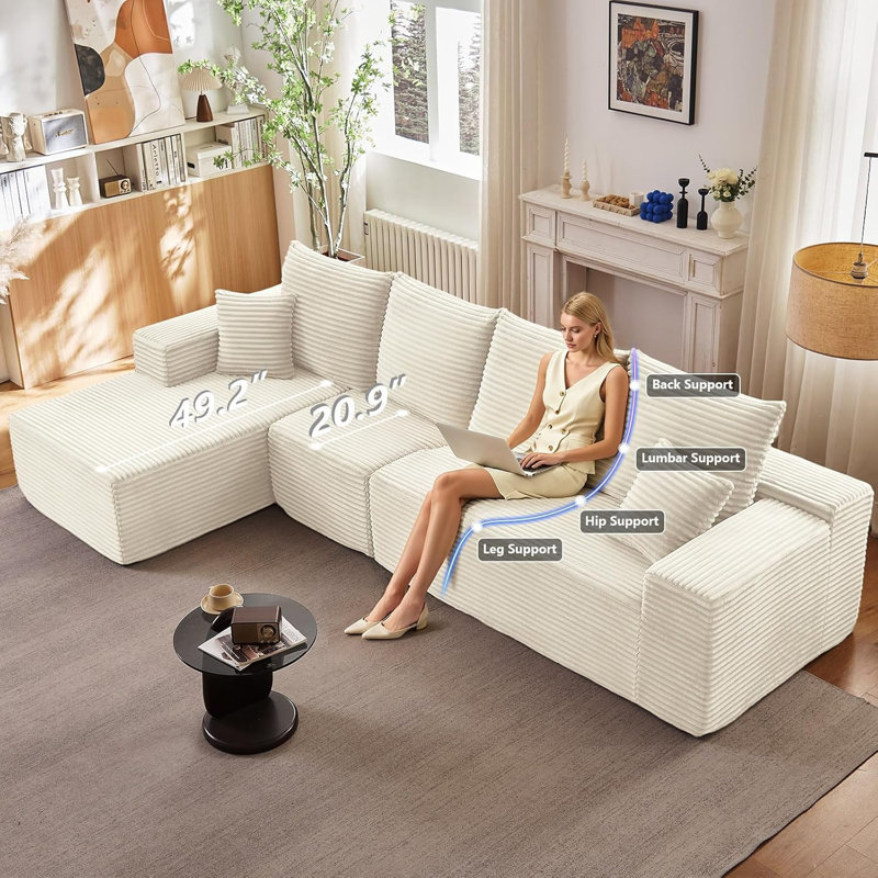 Canapé modulaire de 135 po avec méridienne en forme de L, méridienne modulaire moderne et confortable, canapé-lit rembourré en velours côtelé avec siège profond pour la chambre à coucher du salon, aucun assemblage requis