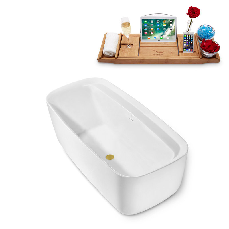 67" Streamline Freestanding Soaking Acrylic Bathtub With Drain and Bamboo Tray, Brushed Gold