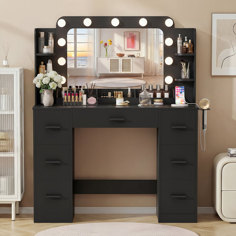 Hollywood Black Vanity Desk with Lights, 43.3" 7 Drawers, Charging Station, Black