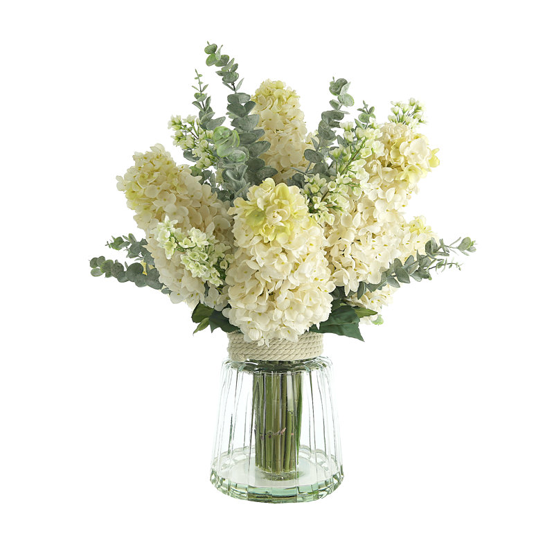 Traditional Thistle Hydrangea and Lilac Arrangement in Glass Vase with Rope Accent, White