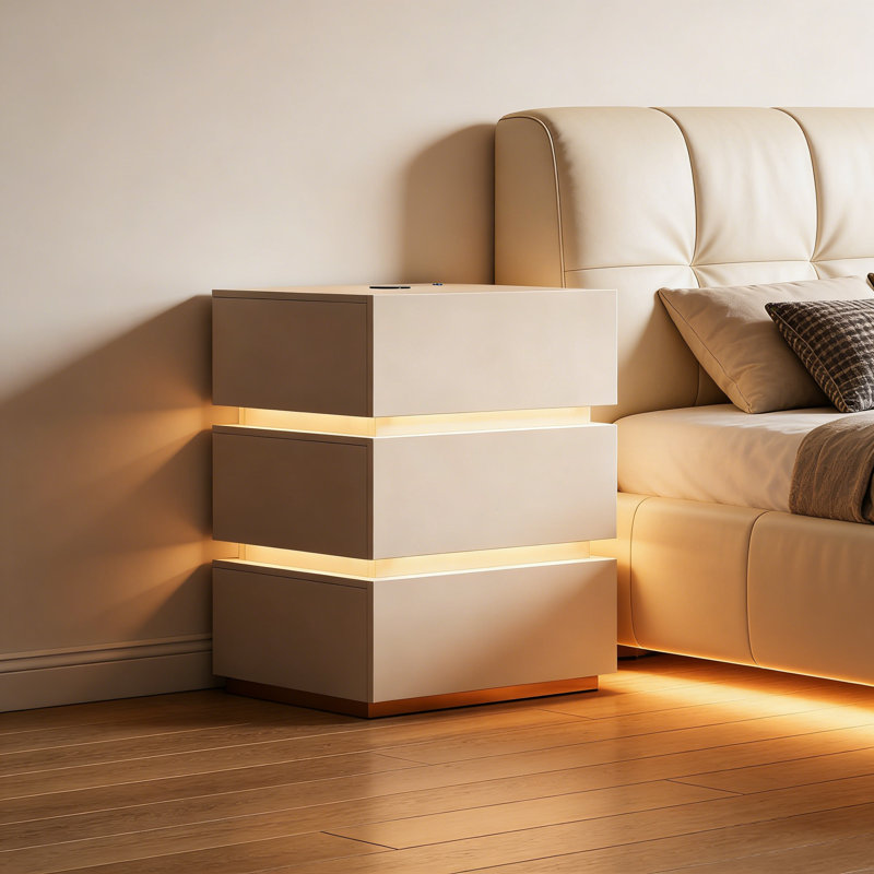 3-Drawer Smart Nightstand with LED  Light, White