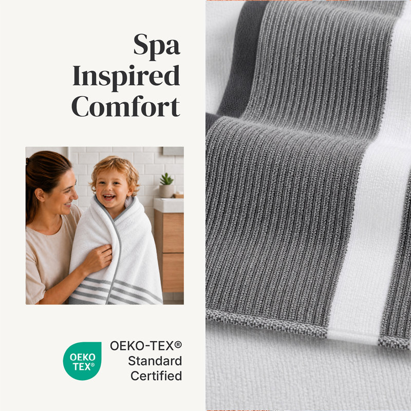 Modern Threads 6 Piece Set, 2 Bath Towels, 2 Hand Towels, 2 Washcloths, Quick Dry White/Contrast Reinhart, Coal
