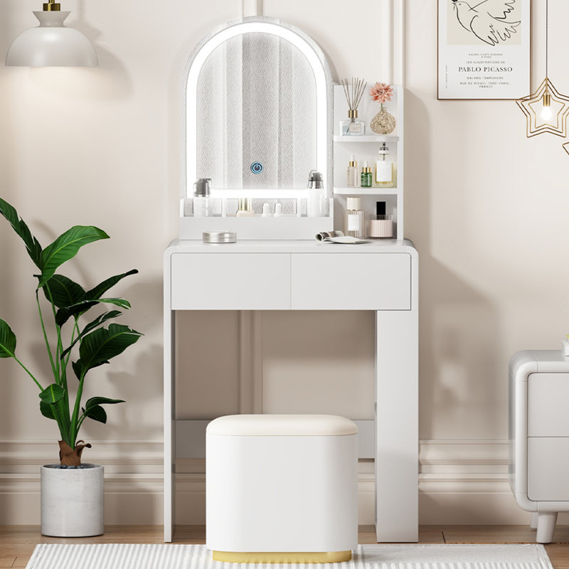 Compact Vanity Desk with LED Mirror & 2 Drawers, Makeup Table with Side Storage Shelves, 3-Color Lighting, Modern Curved Design for Bedroom, White, Ideal Gift