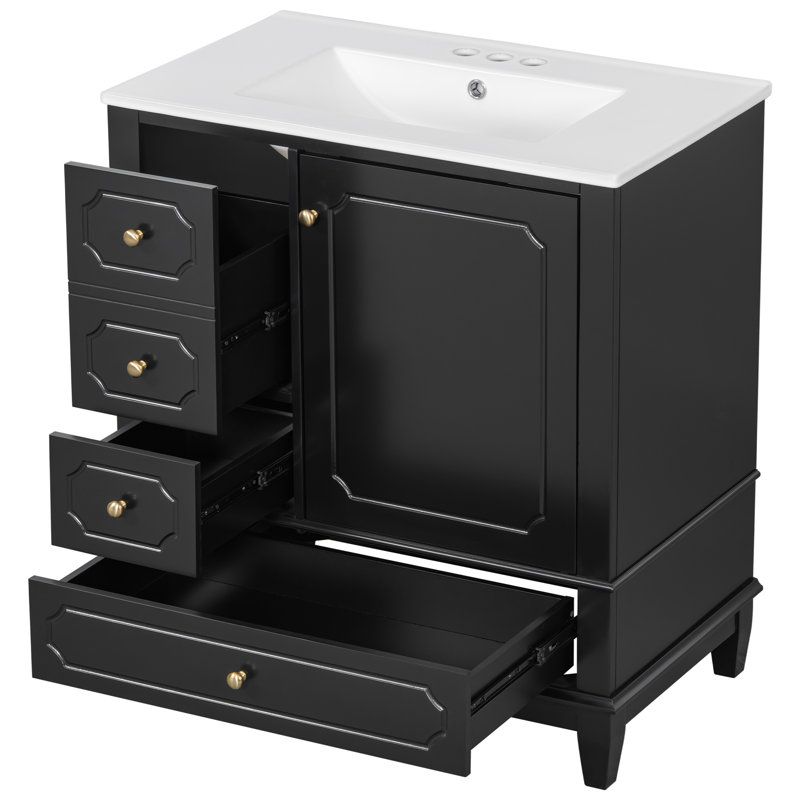 Meuble-lavabo autoportant de 30 po avec lavabo, Noir et or