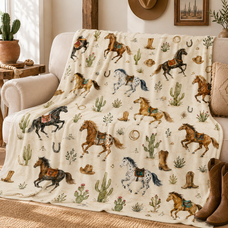 Couverture en flanelle de style cheval de selle Western avec motif désert, bottes de cactus Cowboy et jeté en fer à cheval pour canapé, lit, chambre de ranch et utilisation de voyage