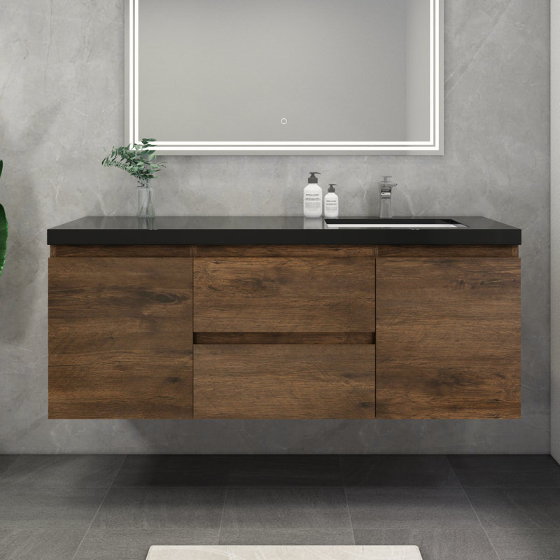 Castin 60" Wall-Mounted Single Right Sink Bathroom Vanity Set, Rose Wood