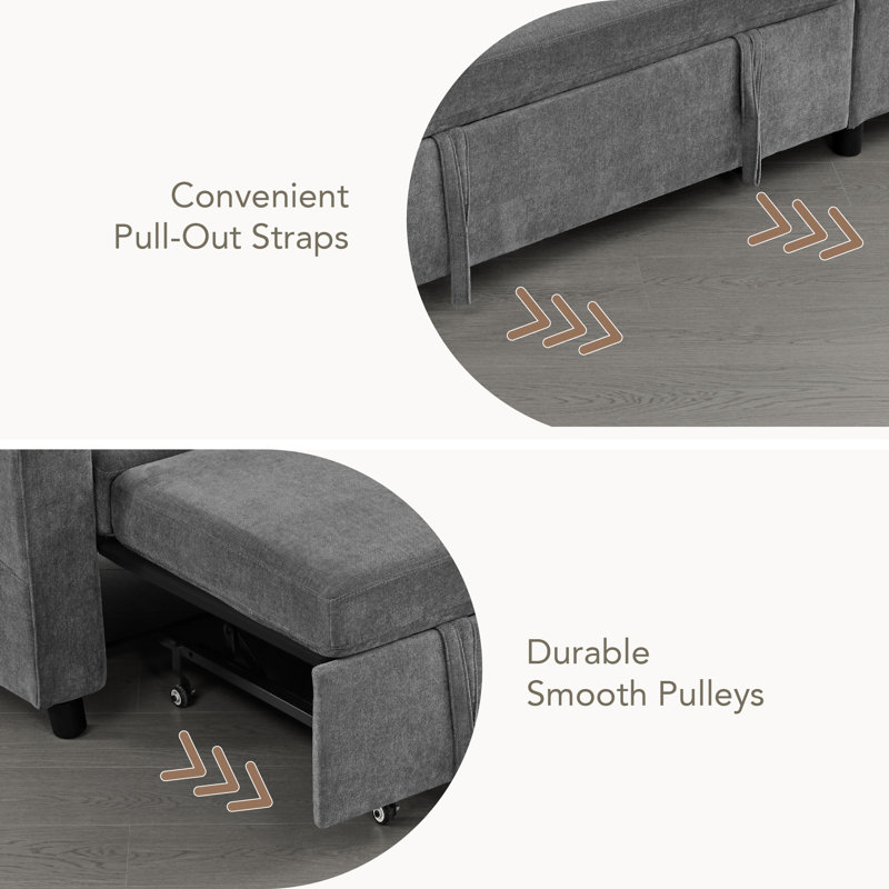  Canapé-lit extensible de 84 po à 3 places avec canapé en L et méridienne avec rangement, Gris foncé