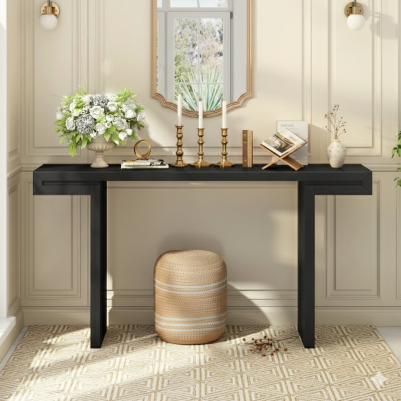 Grande console de 60 pouces avec une conception géométrique épurée, une finition peinte et des pieds réglables. Une table d'entrée élégante qui convient aux salons, aux entrées et aux couloirs.