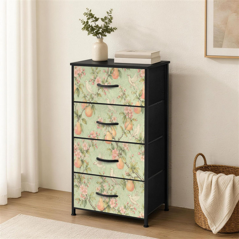 Commode à 4 tiroirs pour la chambre à coucher Vintage Botanical Birds Pears Blossoms Light