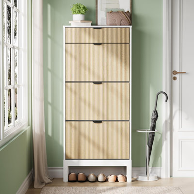 Fluted Shoe Cabinet with 3 Flip Doors & Drawer, Slim Hidden Shoe Storage with Iron Legs for Entryway