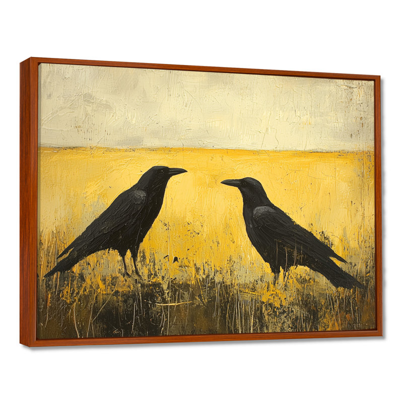 2 corbeaux au bord du champ II - oiseau, art mural, H 34 po x l 44 po, Cadre flottant, Brun